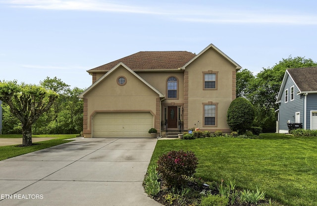 traditional home with a garage, stucco siding, concrete driveway, and a front lawn