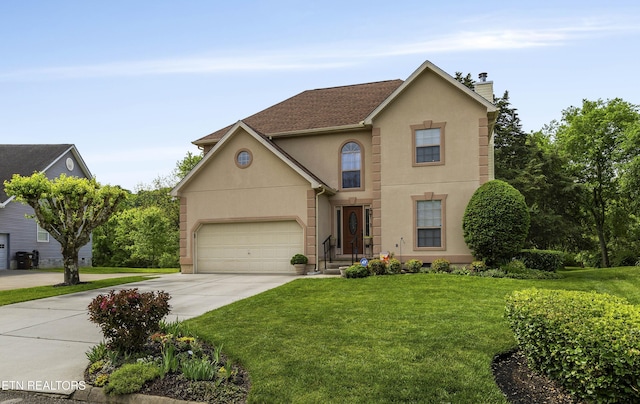 traditional home with an attached garage, stucco siding, a front yard, a chimney, and driveway