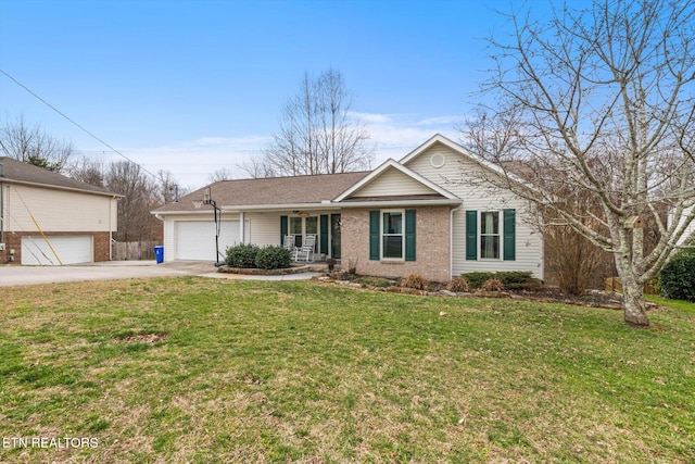 single story home with a garage, concrete driveway, a front lawn, a porch, and brick siding