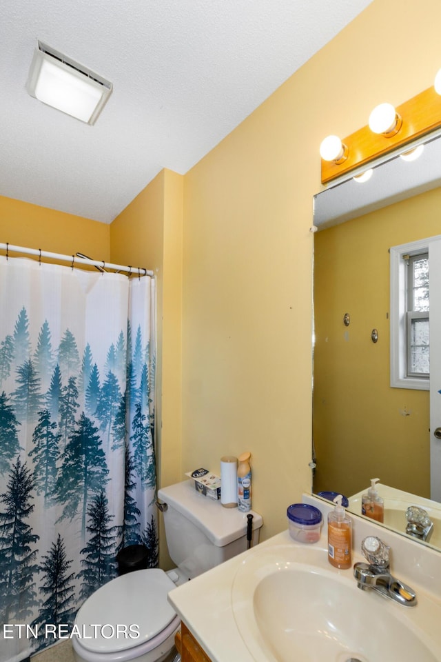 bathroom featuring a shower with curtain, toilet, and vanity