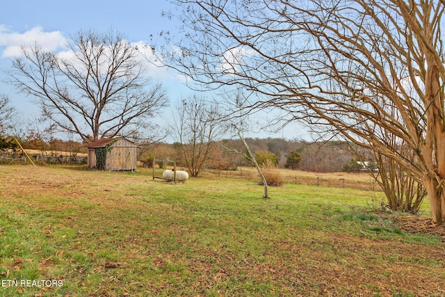 view of yard featuring a storage unit, a rural view, and an outdoor structure