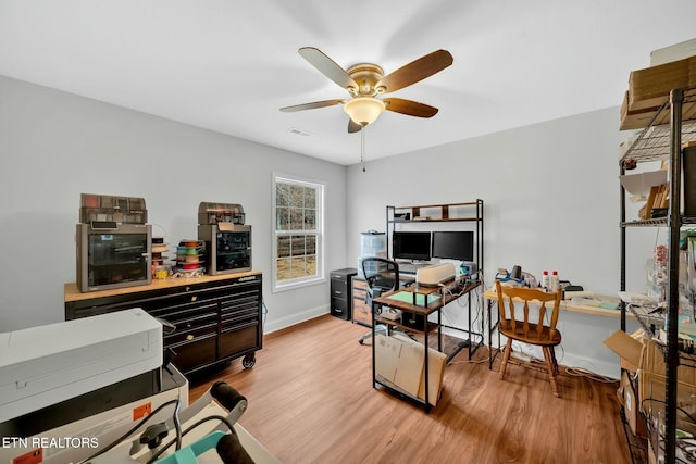 office featuring ceiling fan, wood finished floors, visible vents, and baseboards