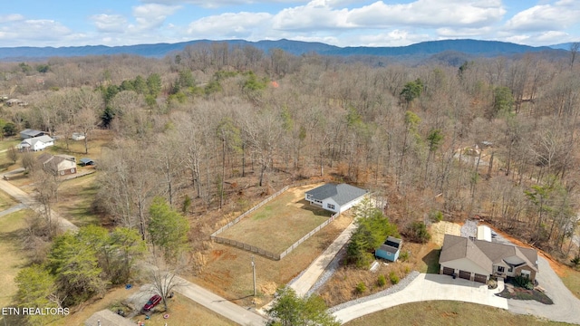 aerial view with a mountain view and a view of trees