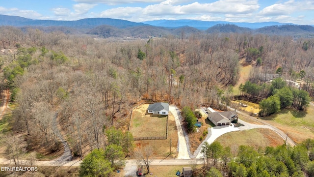 birds eye view of property with a mountain view and a view of trees