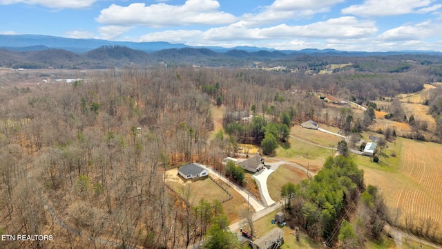 bird's eye view featuring a forest view and a mountain view