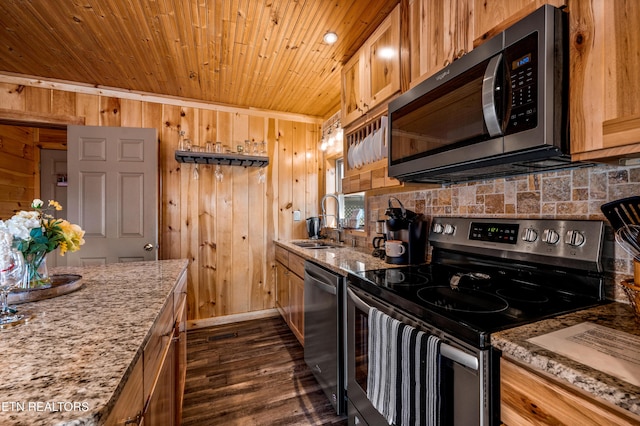 kitchen featuring tasteful backsplash, wood ceiling, appliances with stainless steel finishes, wood walls, and a sink