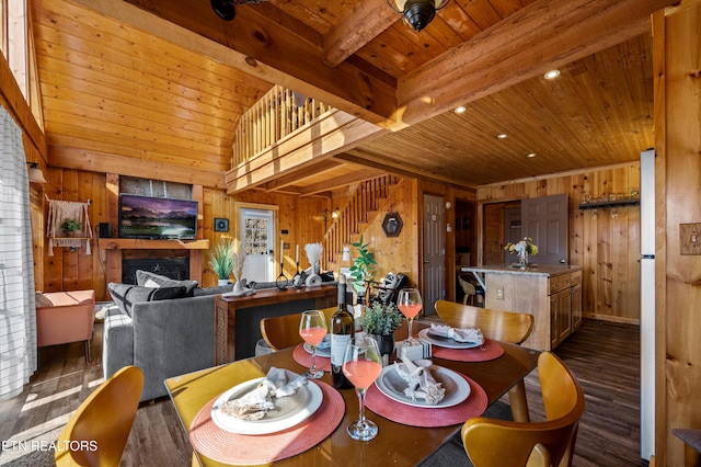 dining room with wood ceiling and wood walls