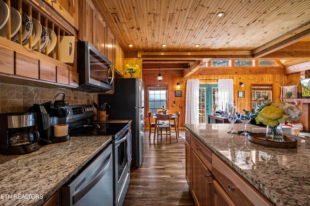 kitchen featuring wooden ceiling, wood walls, appliances with stainless steel finishes, decorative backsplash, and dark wood-style floors