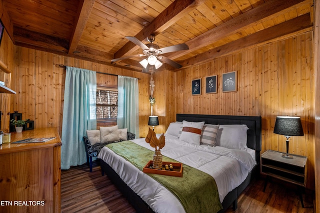 bedroom with wood walls, wood ceiling, beamed ceiling, and wood finished floors