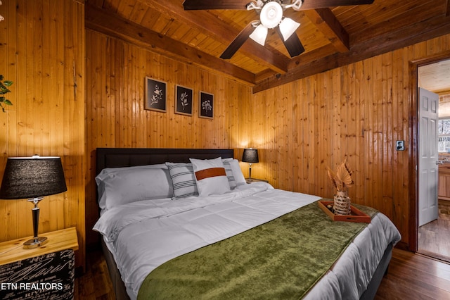 bedroom featuring wood ceiling, beamed ceiling, wood walls, and wood finished floors