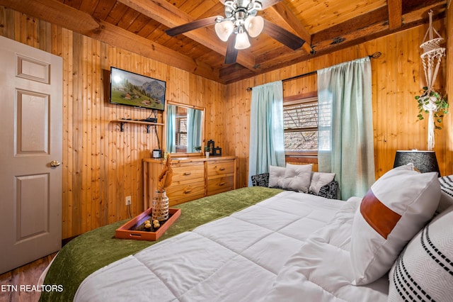 bedroom with beamed ceiling, wood walls, wooden ceiling, and wood finished floors