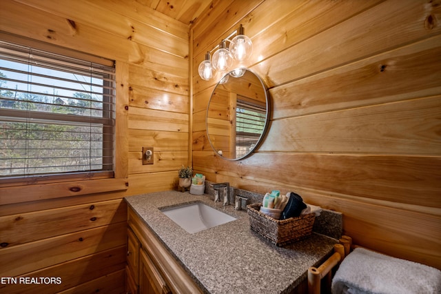 bathroom with wooden walls and vanity