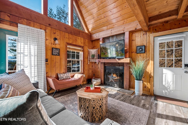 living area featuring wood ceiling, wood walls, beamed ceiling, and wood finished floors