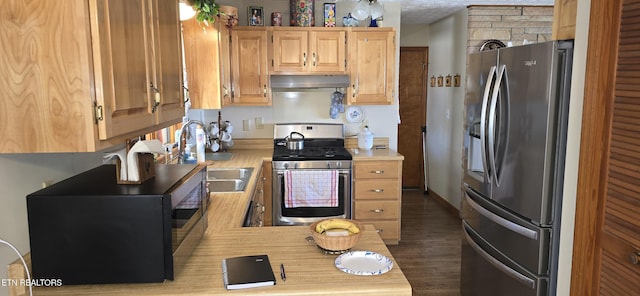 kitchen with under cabinet range hood, stainless steel appliances, a sink, baseboards, and light countertops