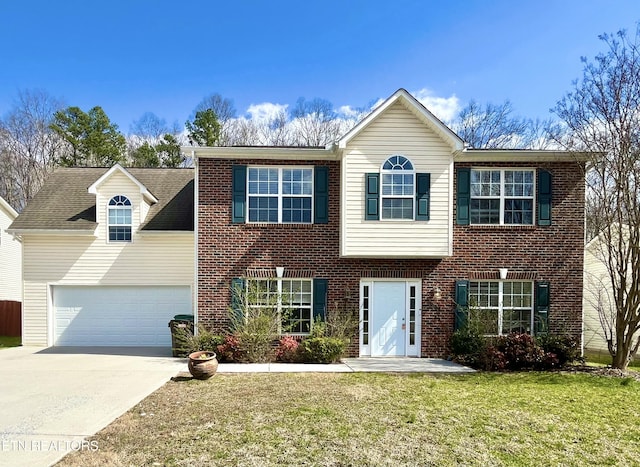 view of front facade with concrete driveway, a garage, brick siding, and a front lawn