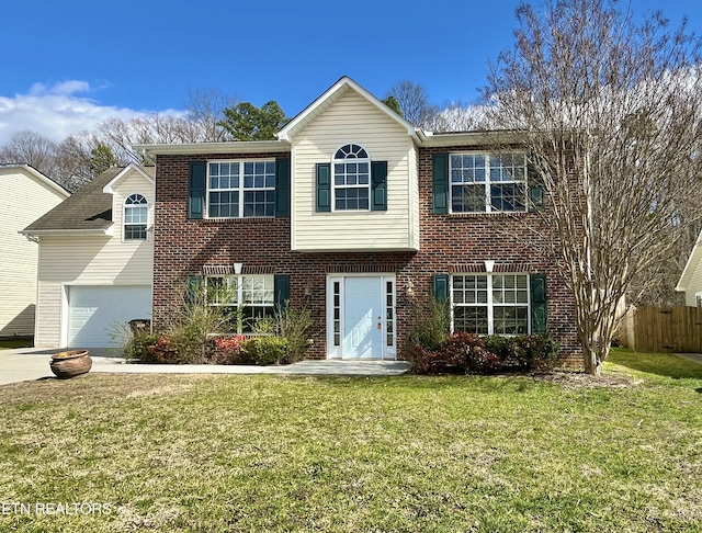 view of front of property featuring fence, concrete driveway, a front yard, a garage, and brick siding