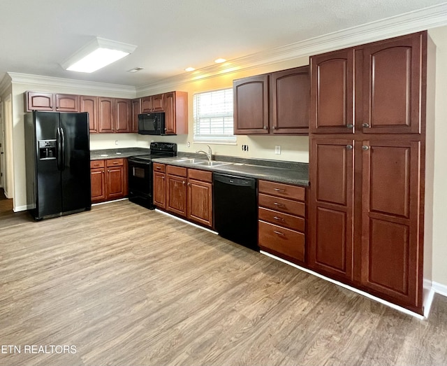 kitchen featuring black appliances, crown molding, light wood-style floors, and a sink