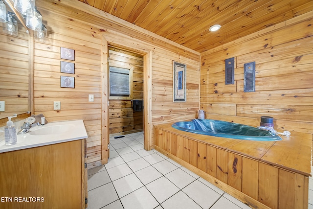 full bath featuring tile patterned floors, wooden walls, wooden ceiling, a bath, and vanity