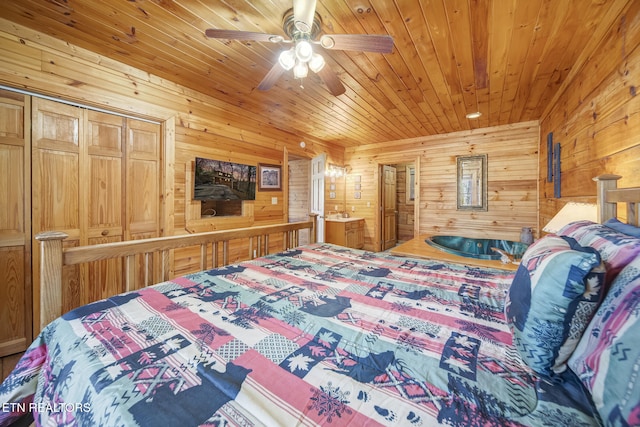 bedroom with wooden walls, wood ceiling, and a ceiling fan