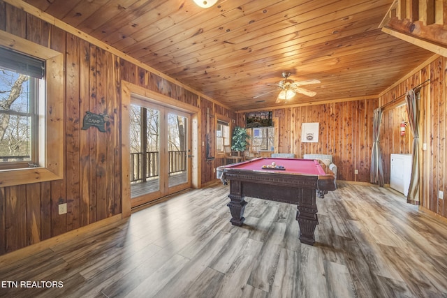 playroom with wood walls, wooden ceiling, billiards, and wood finished floors