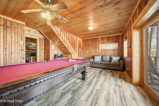 playroom featuring wood finished floors, wood ceiling, wood walls, and billiards