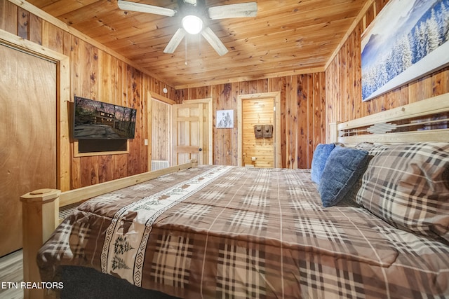 bedroom with wooden walls, wood ceiling, and ceiling fan