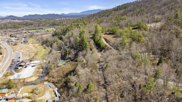 birds eye view of property featuring a mountain view and a view of trees