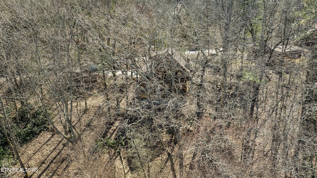 bird's eye view featuring a wooded view