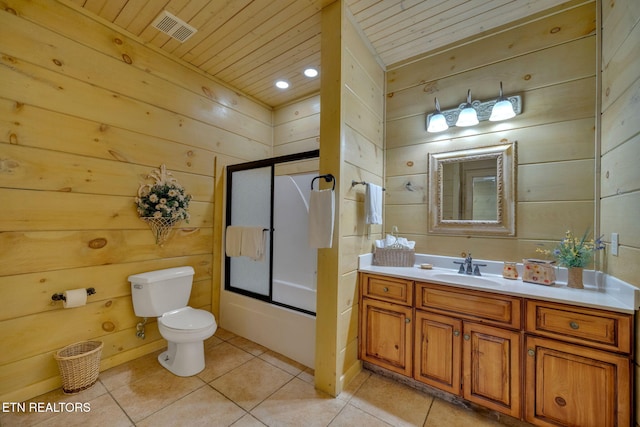 bathroom with wood ceiling, toilet, tile patterned flooring, and visible vents