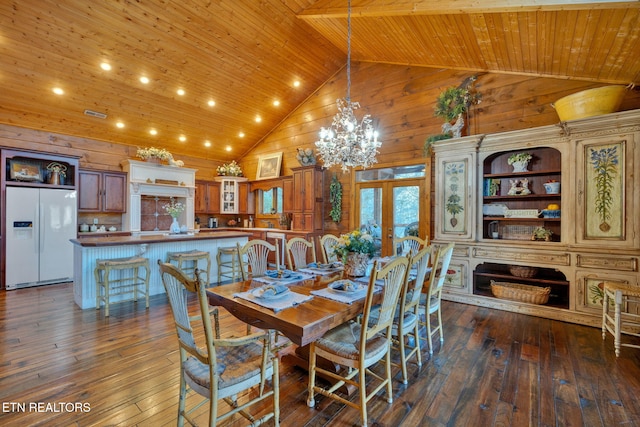 dining space with dark wood-style floors, high vaulted ceiling, wood walls, and wooden ceiling