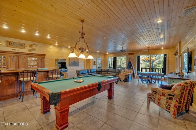 game room featuring light tile patterned floors, billiards, visible vents, wood ceiling, and recessed lighting