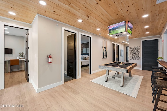 rec room with baseboards, recessed lighting, wooden ceiling, light wood-style flooring, and billiards