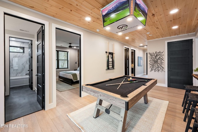 game room with billiards, baseboards, recessed lighting, wood ceiling, and light wood-style floors