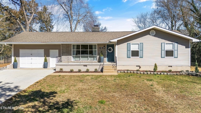 ranch-style home with a porch, a front yard, an attached garage, crawl space, and a chimney