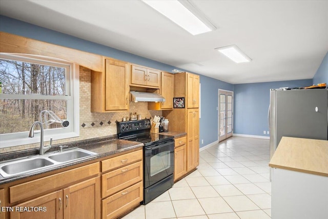 kitchen featuring black range with electric stovetop, under cabinet range hood, decorative backsplash, freestanding refrigerator, and a sink