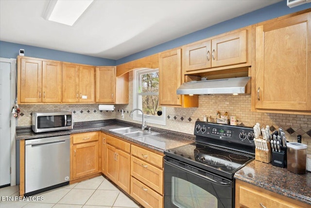 kitchen with a sink, stainless steel appliances, tasteful backsplash, and under cabinet range hood