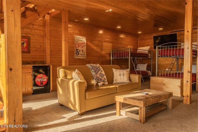 interior space featuring wood walls, wooden ceiling, carpet flooring, and recessed lighting