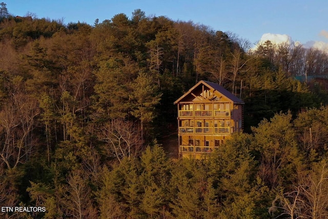 view of outbuilding with a forest view