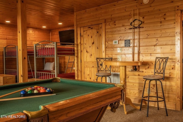 rec room featuring carpet floors, recessed lighting, pool table, wooden walls, and wooden ceiling