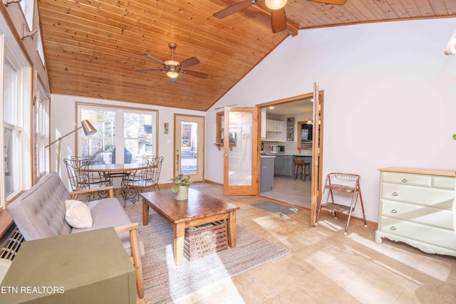 living room featuring beam ceiling, wood ceiling, baseboards, and high vaulted ceiling