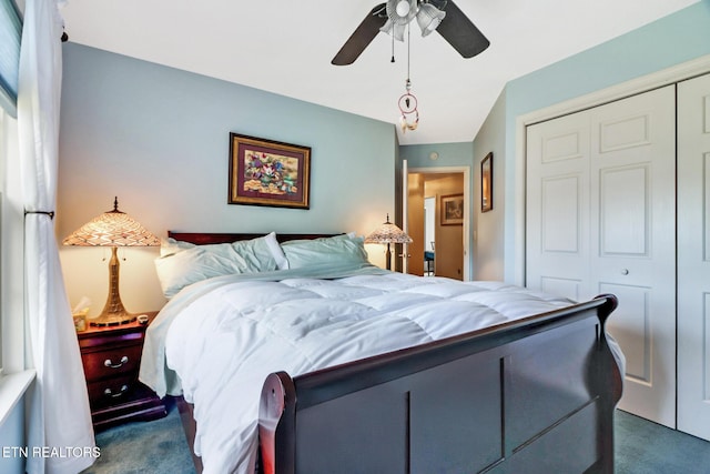 bedroom featuring a closet, carpet, and a ceiling fan