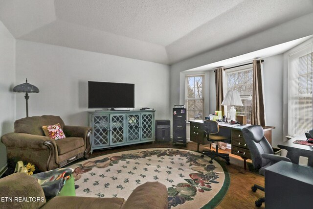 office space with a wealth of natural light, a textured ceiling, and wood finished floors