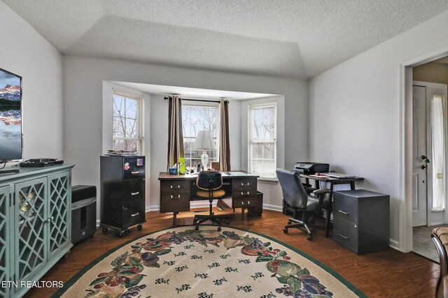 office area featuring wood finished floors, baseboards, and a textured ceiling