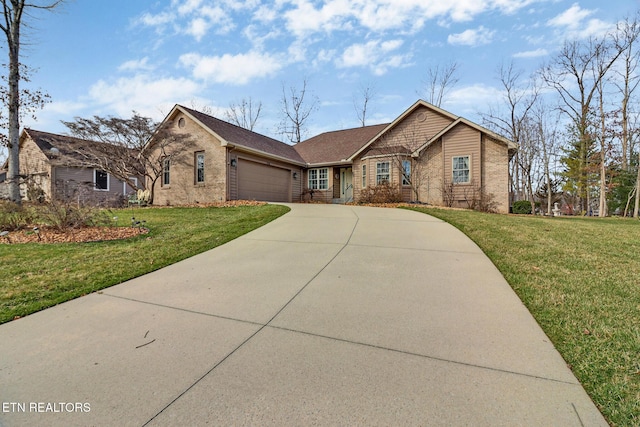 ranch-style home featuring concrete driveway, an attached garage, brick siding, and a front yard