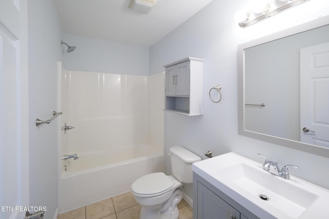 full bath featuring toilet, vanity, visible vents,  shower combination, and tile patterned floors