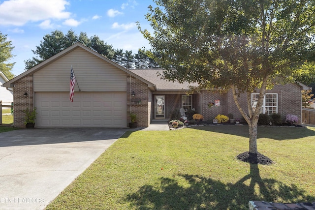 view of front of house with brick siding, an attached garage, driveway, and a front yard