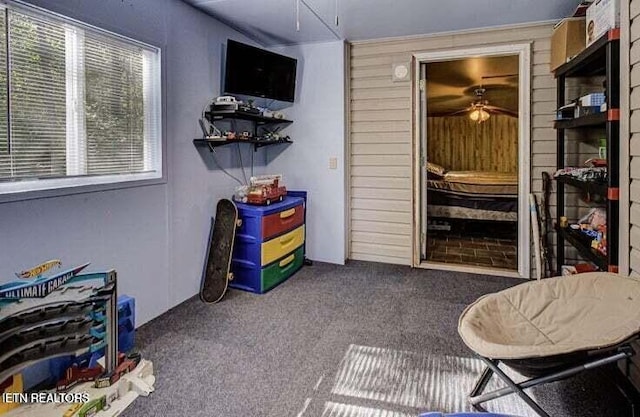 recreation room featuring a ceiling fan and carpet flooring