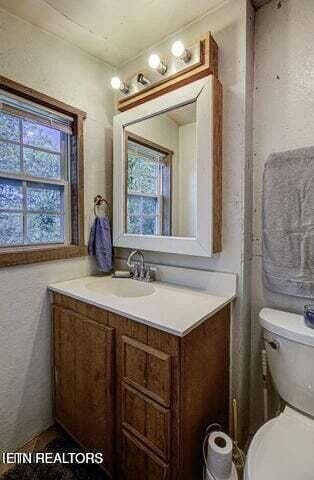 half bathroom with a textured wall, a wealth of natural light, vanity, and toilet