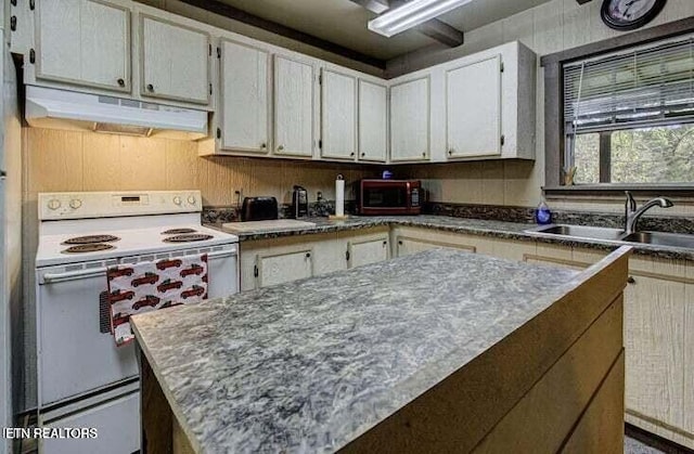 kitchen featuring white electric stove, under cabinet range hood, a kitchen island, a sink, and stainless steel microwave