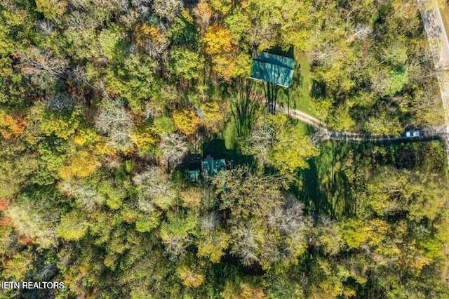 drone / aerial view featuring a view of trees